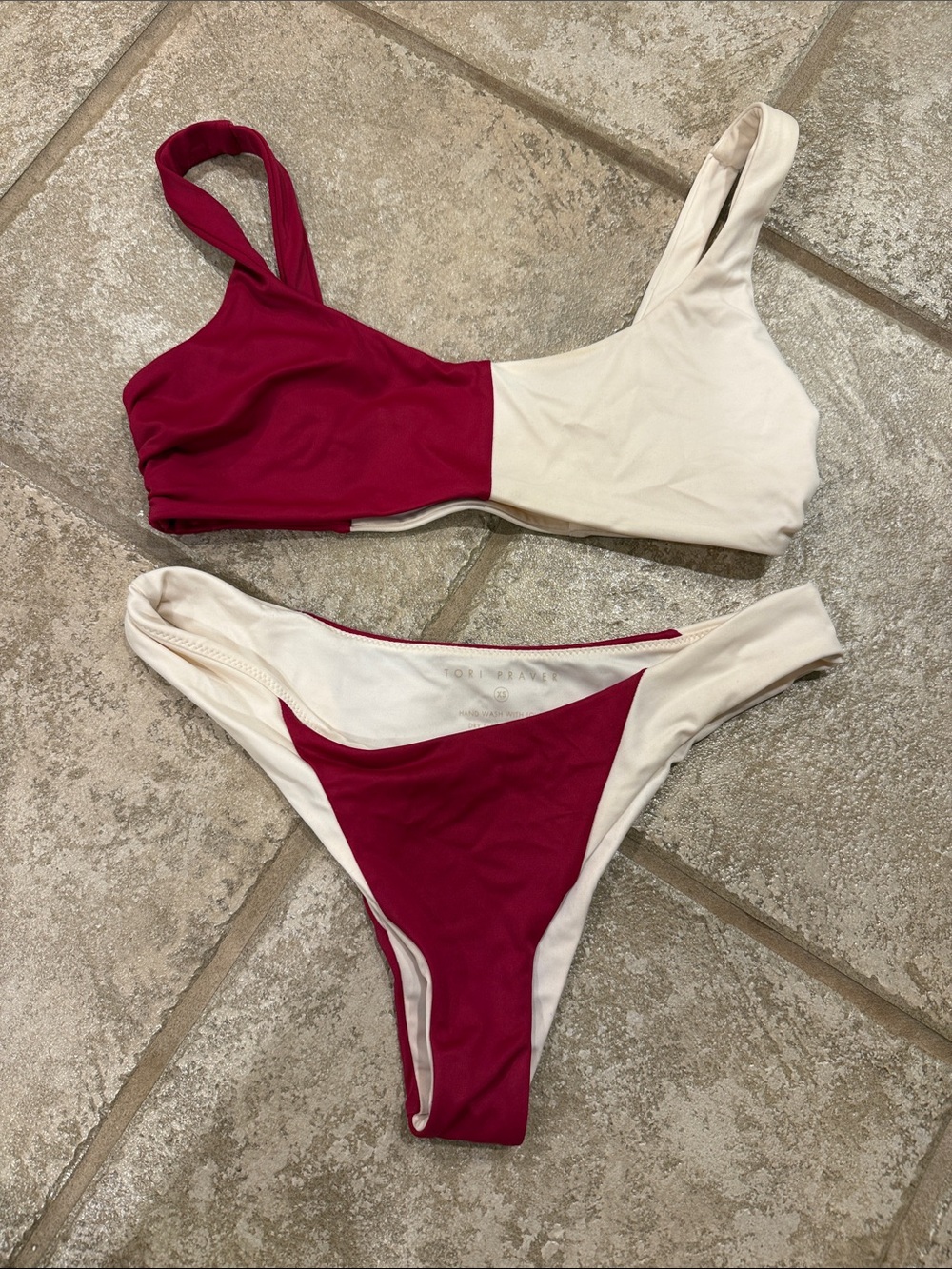 Tori Praver Swimwear Maroon and Cream Colorblock Bikini